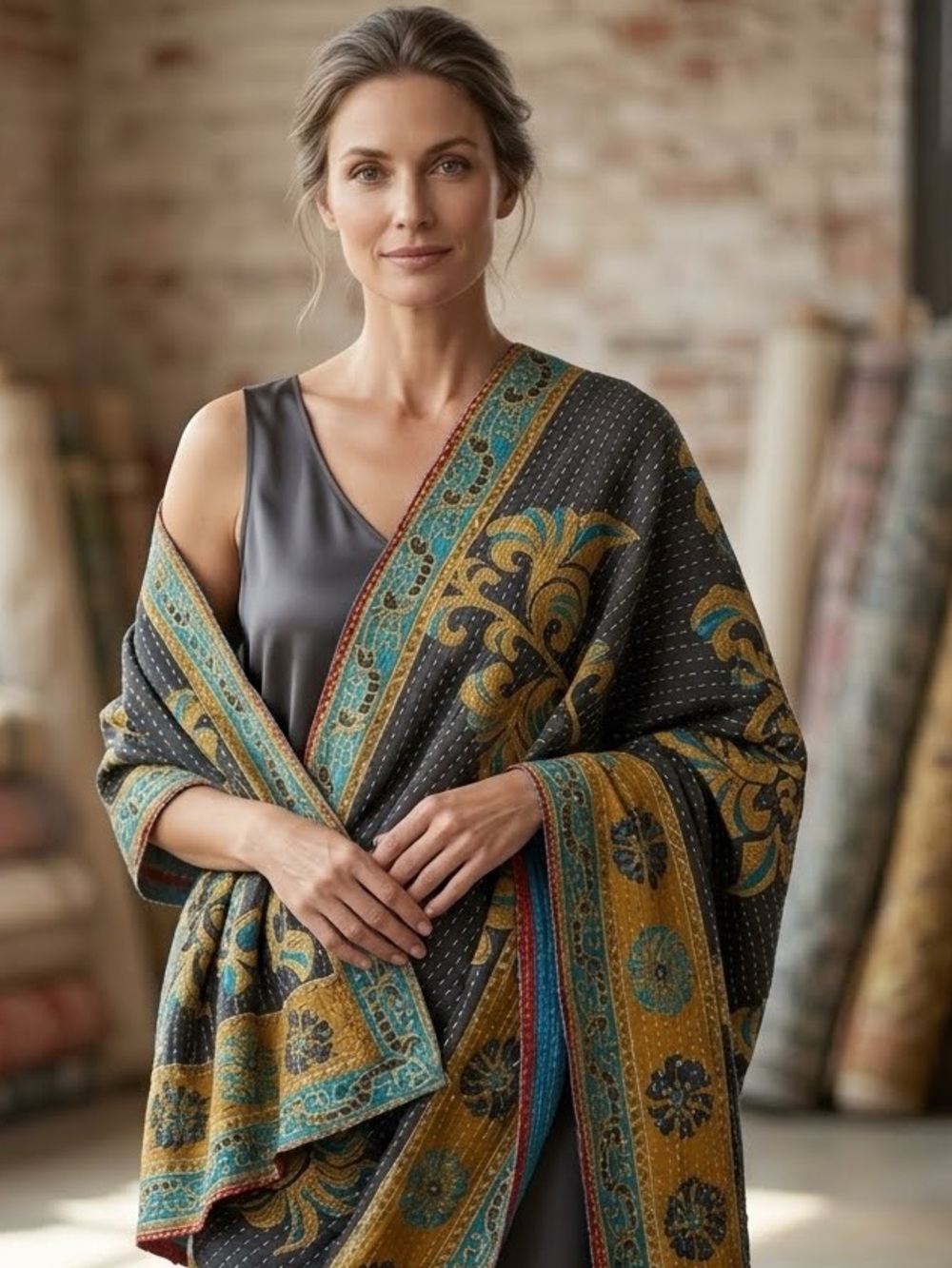Black Floral Motif Scarf Wrap with Gold & Teal Accents
100 organic cotton khanta